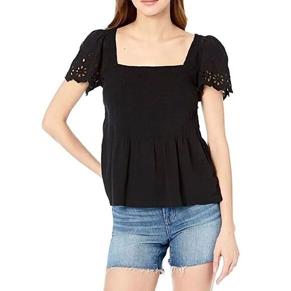 NWT Madewell Eyelet Sleeve Lucie Square Neck Smocked Short Sleeve Top Black XXS - Picture 1 of 10